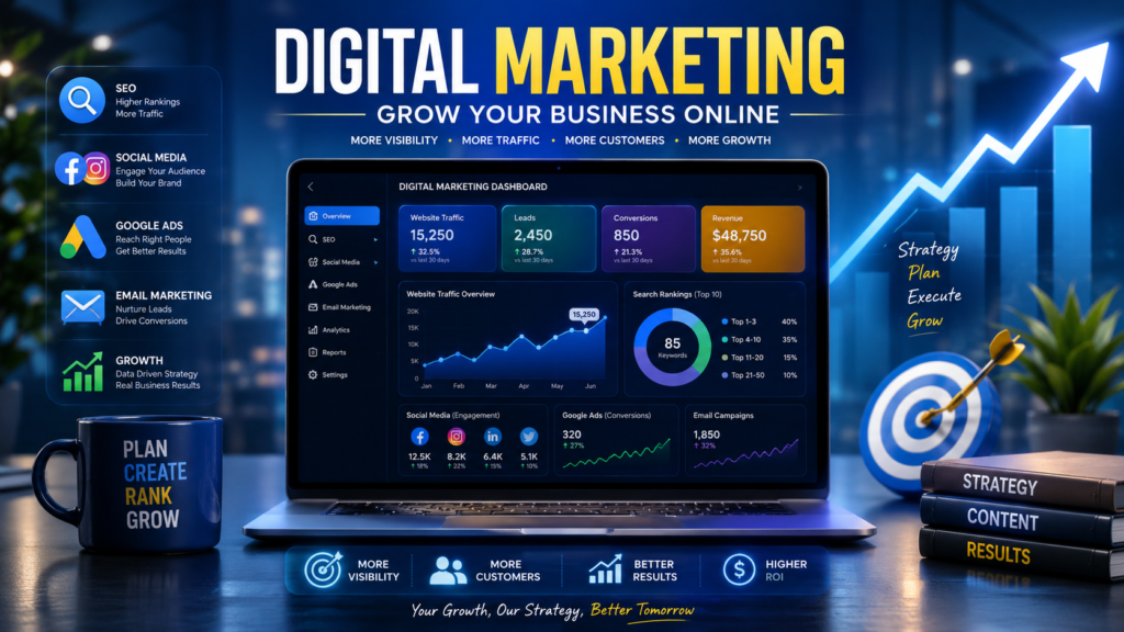 Digital marketing dashboard showing SEO analytics, social media marketing, Google Ads, website traffic, and business growth.