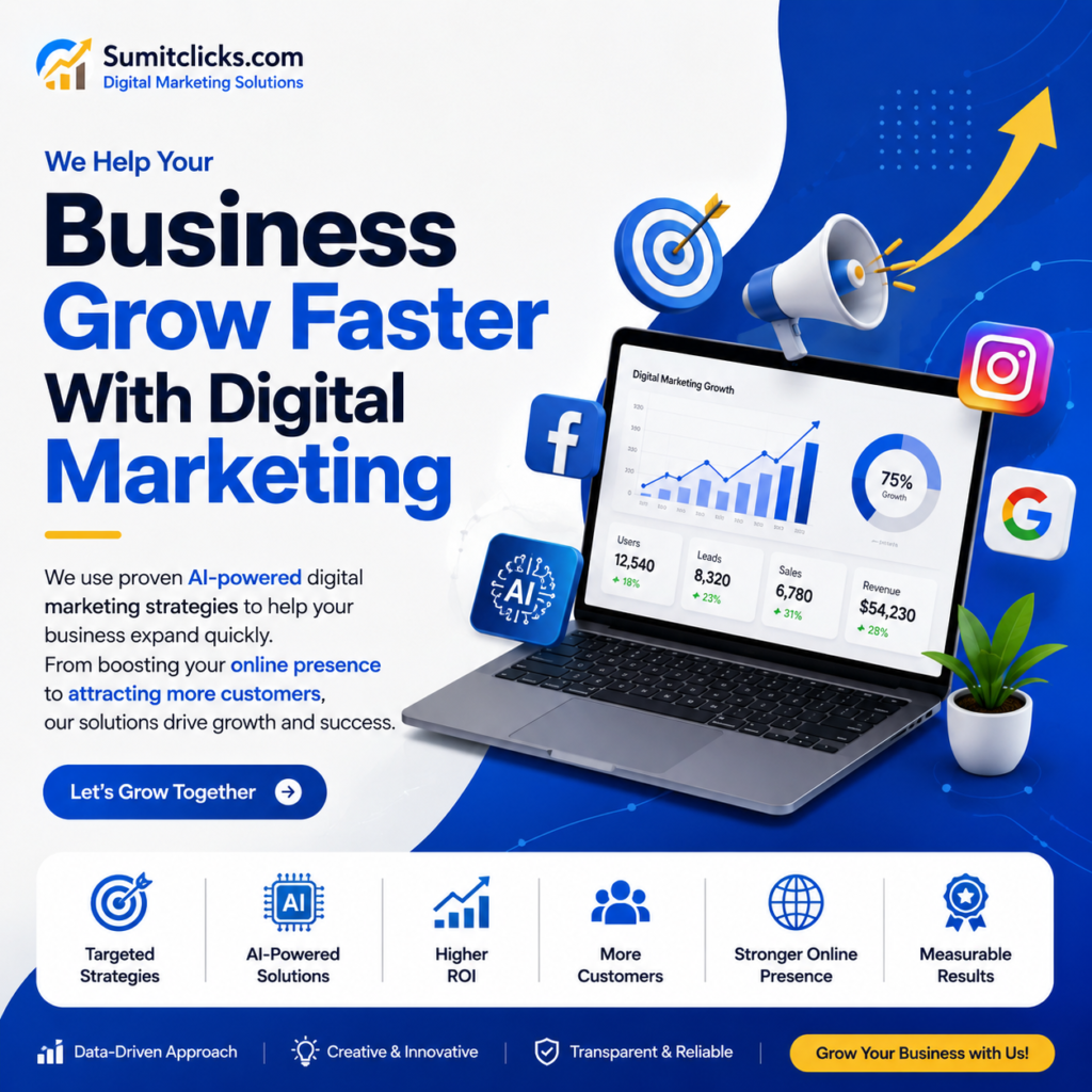 AI-powered digital marketing dashboard showing SEO, Google Ads, social media marketing, analytics, and business growth strategies.
