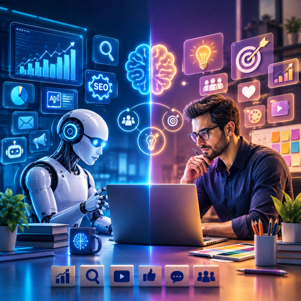 AI and human digital marketers working together on SEO, advertising, analytics, creativity, and marketing strategy
